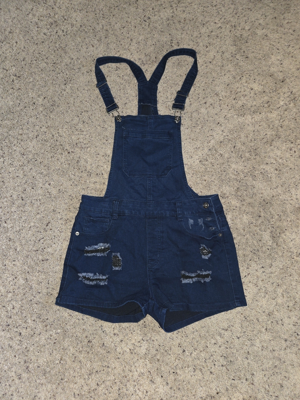 Denim Overall Jean Shorts - Dark Blue Distressed